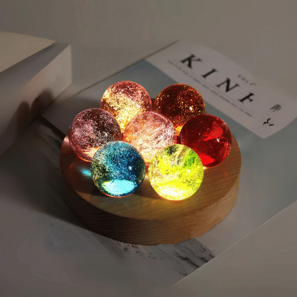 Luminária 7 Chakras Esferas Bolas De Cristal Madeira Abajur Luminária para Cabeceira