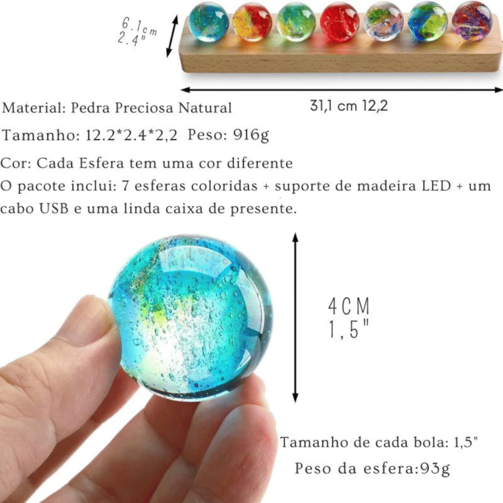 Luminária 7 Chakras Esferas Bolas De Cristal Madeira Abajur Luminária para Cabeceira
