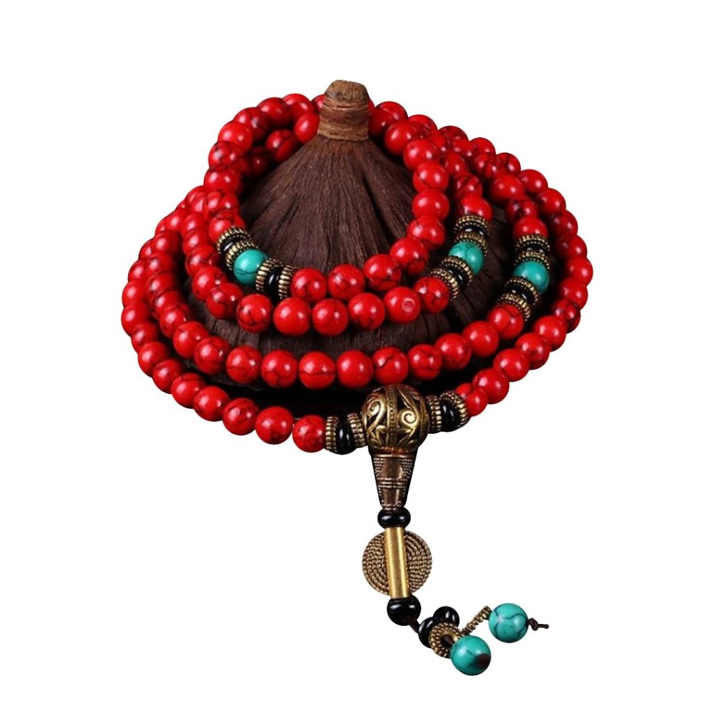 Japamala Energy com Coral Vermelho e Turquesa Sintéticos — 108 Contas