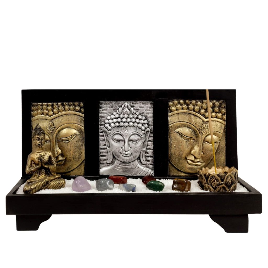Jardim Zen Altar Buda com Incensário e Símbolos dos Chakras
