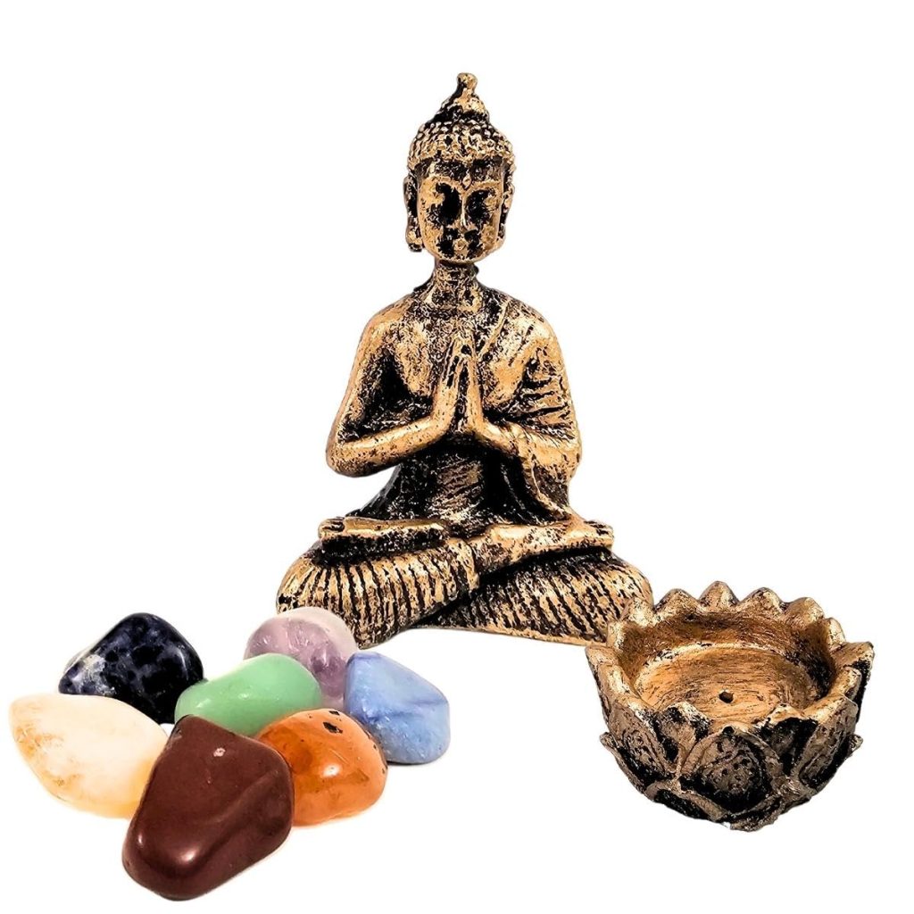 Incensário Castiçal Buda com Pedras dos 7 Chakras — Kit Zen