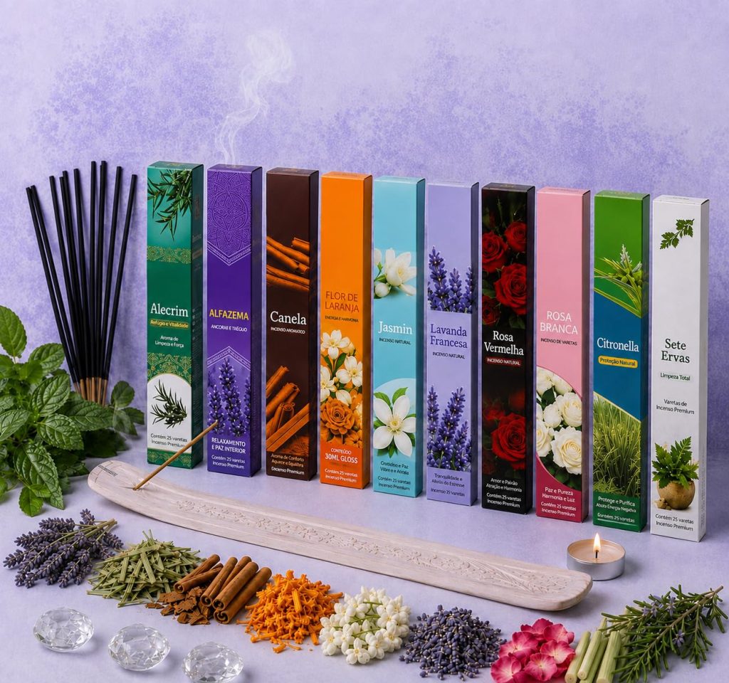 Kit de Incensos com 10 Aromas — 10 Caixas e 70 Varetas