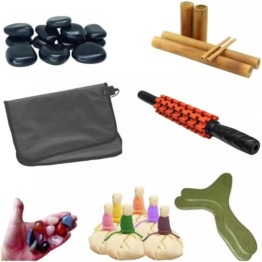 Kit Massagem Pedras com Bambus, Pindas e Manta