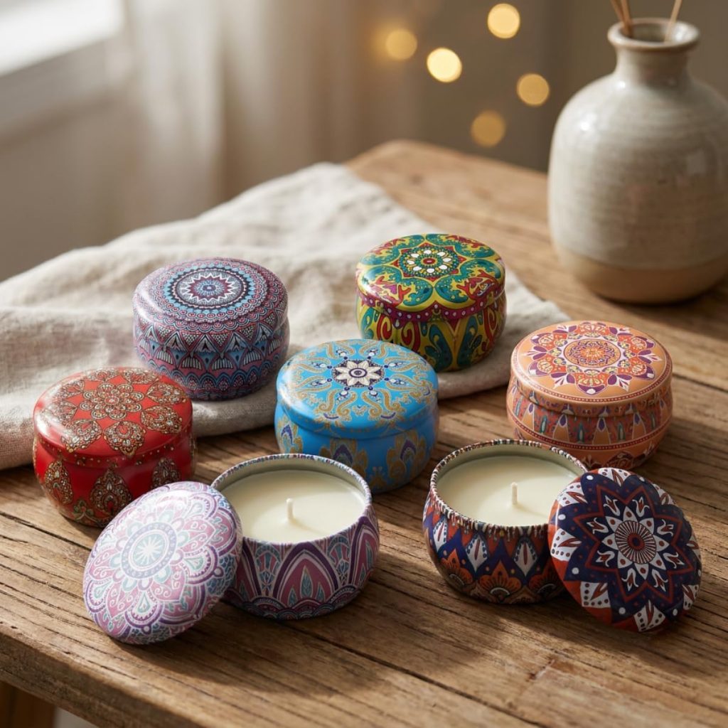 Velas Mandala em Latinhas — Kit de 4 Unidades